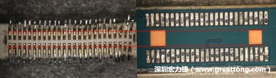 把板對(duì)板連接器與其電路板的佈線焊墊作一個(gè)比較，端子的切斷面有毛邊的地方剛好對(duì)到了裸銅區(qū)。
