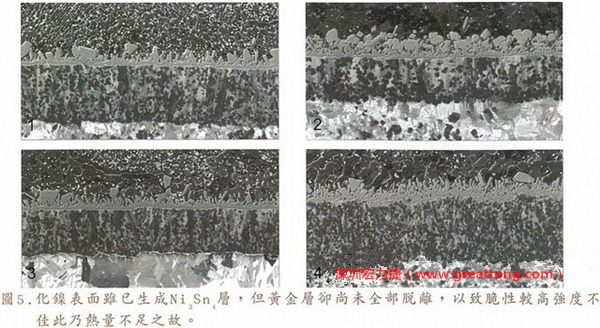 下面四圖顯示，當焊接的熱量不足或未持續時，雖然Ni3Sn4的薄薄IMC層已經生成而焊牢，但也會因為AuSn及AuSn2還未來得及逸走，而停留在共金介面附近，當有外力拉扯的時候，就很容易斷裂開來。這就是為何ENIG的焊點強度，始終不如銅面焊點(Cu6Sn5)來得更為牢固的主因之一。